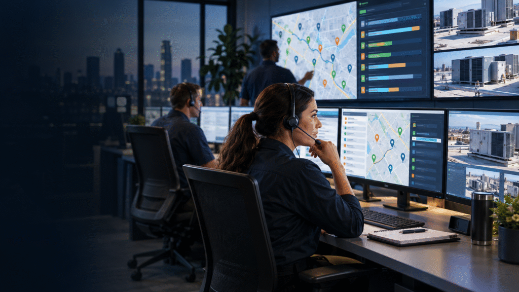 Commercial HVAC dispatch planning with rooftop equipment and route coordination